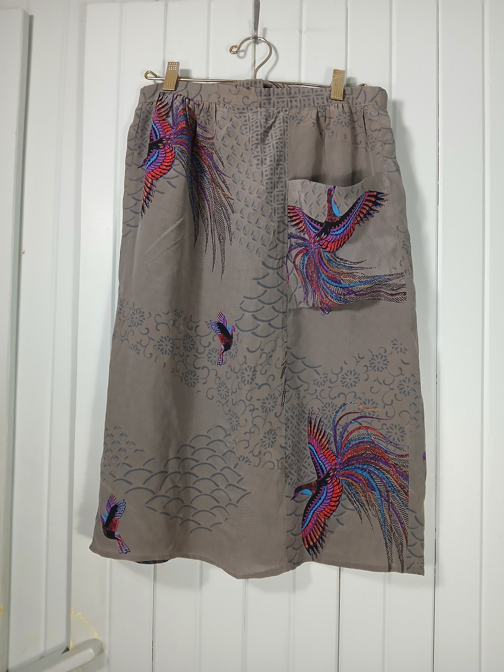 Vintage Silk Bird Print Taupe Skirt